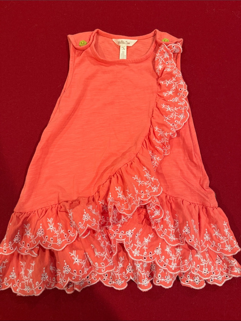 Matilda Jane Coral Ruffle Eyelet Shirt with White Embroidery